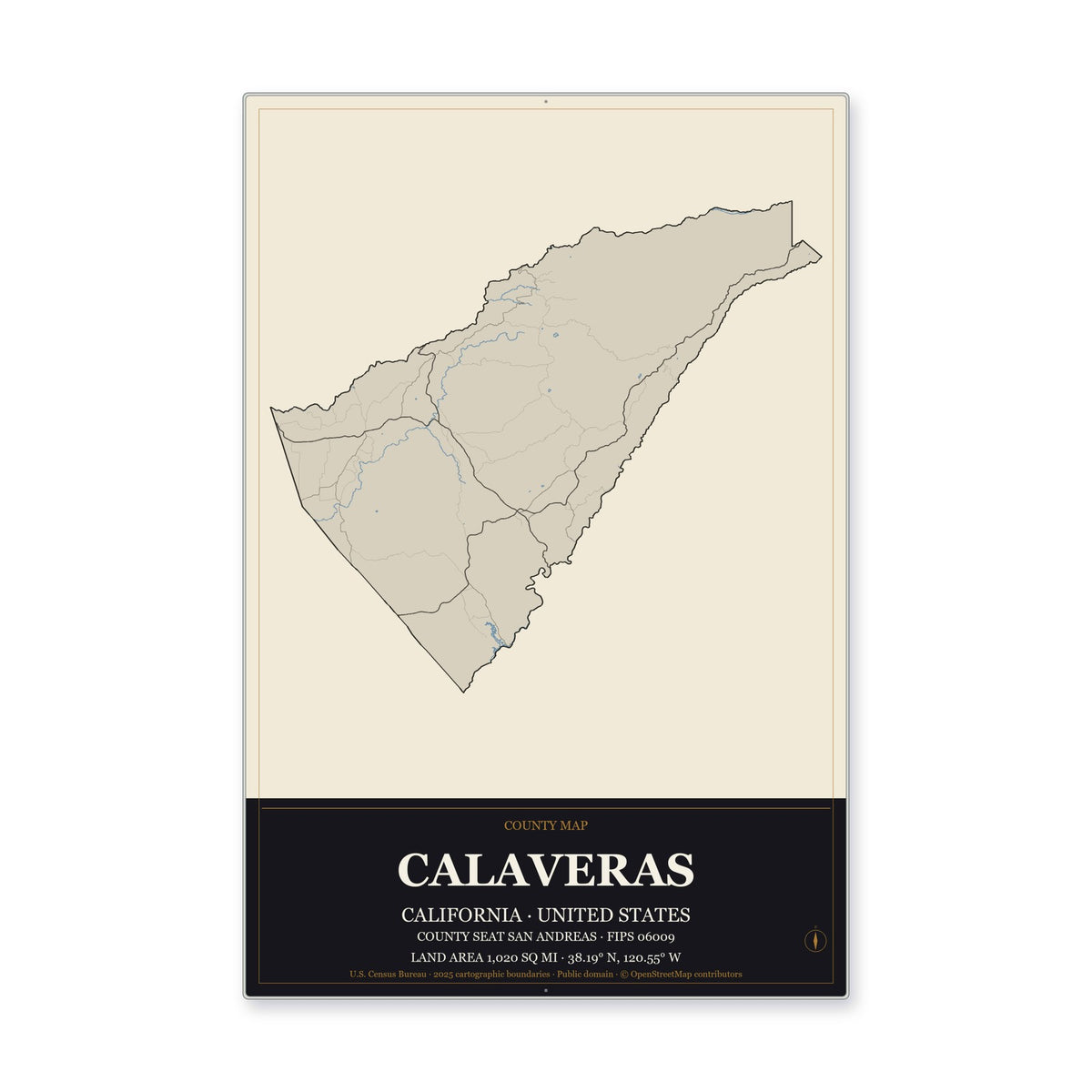 Calaveras County, California Map Aluminum Sign in Museum Plaque style