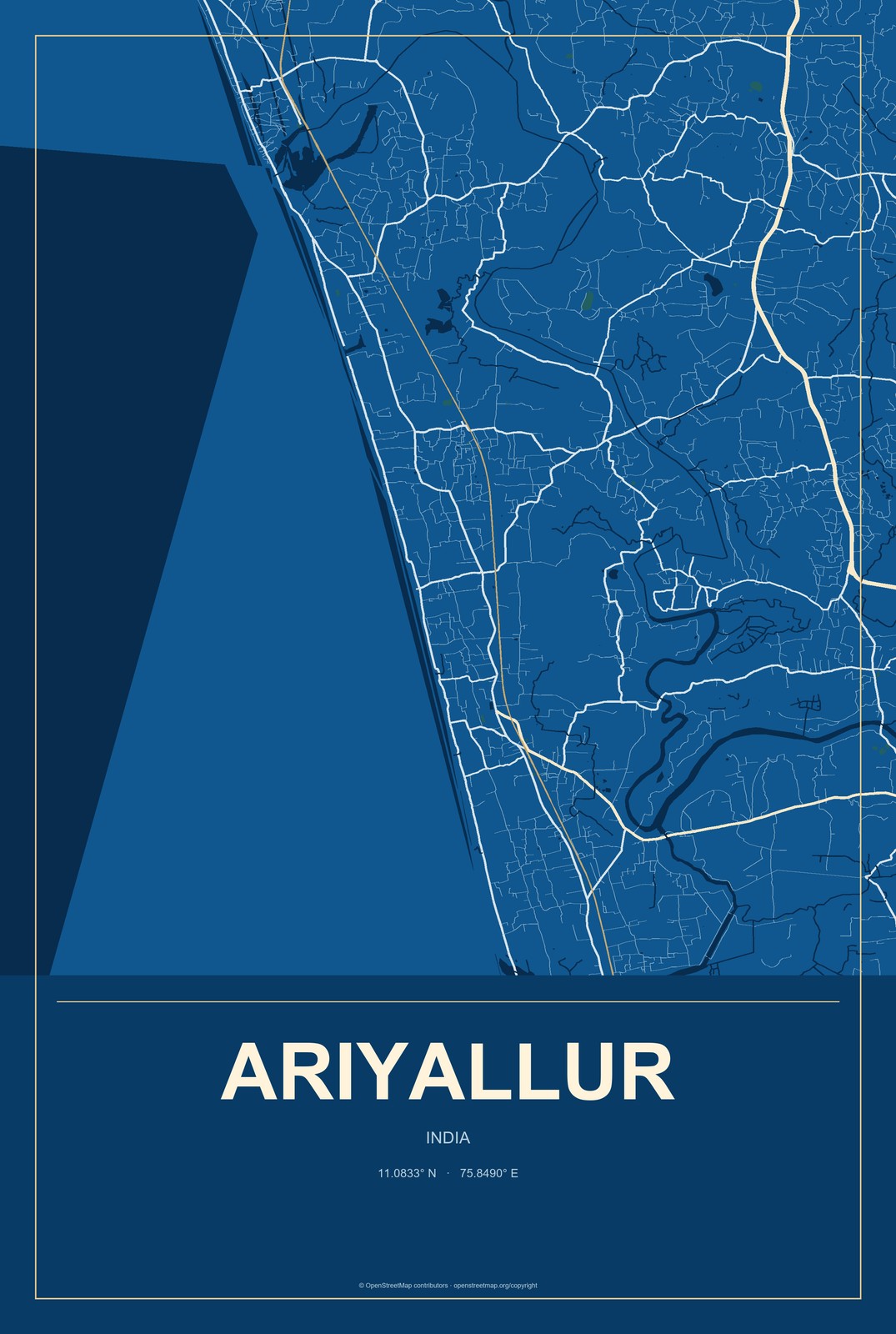 Ariyallur, India City Map Aluminum Sign in Harbor Cobalt style