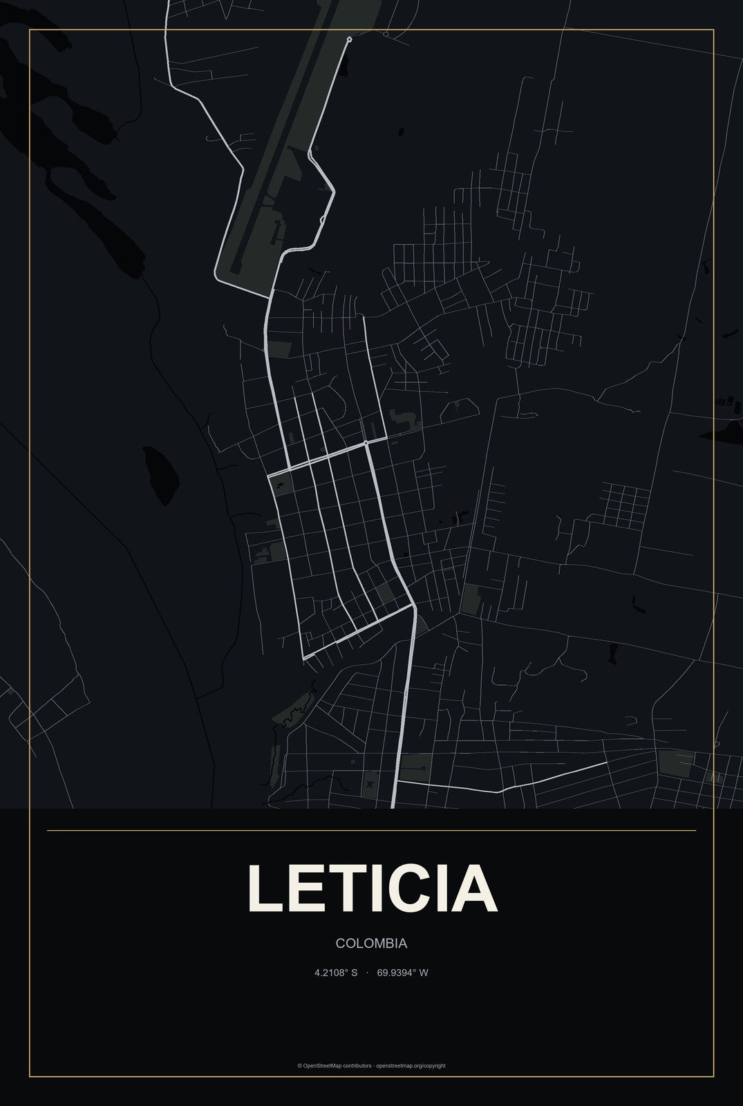Leticia, Colombia City Map Aluminum Sign in Metropolitan Noir style