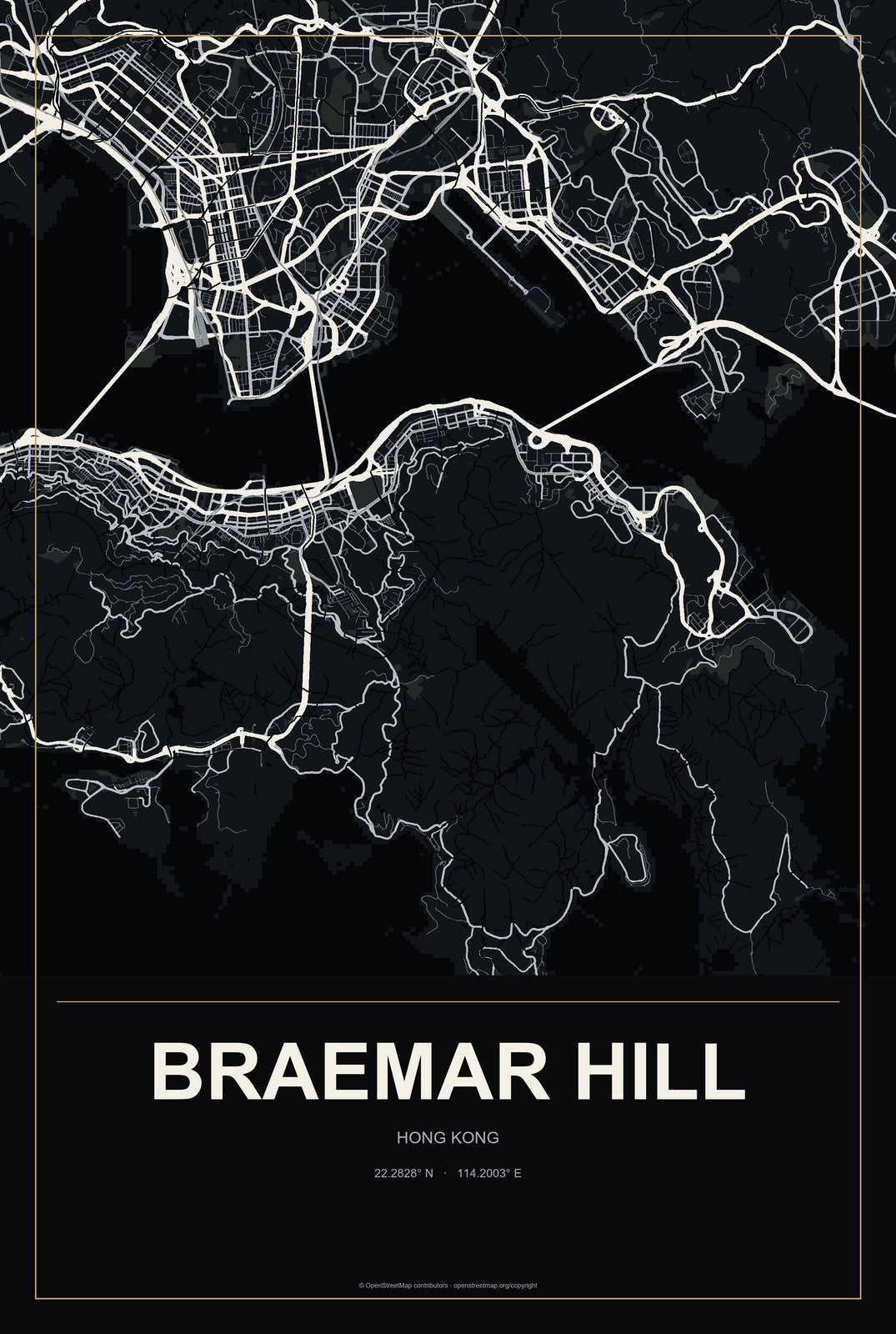 Braemar Hill, Hong Kong City Map Aluminum Sign in Metropolitan Noir style