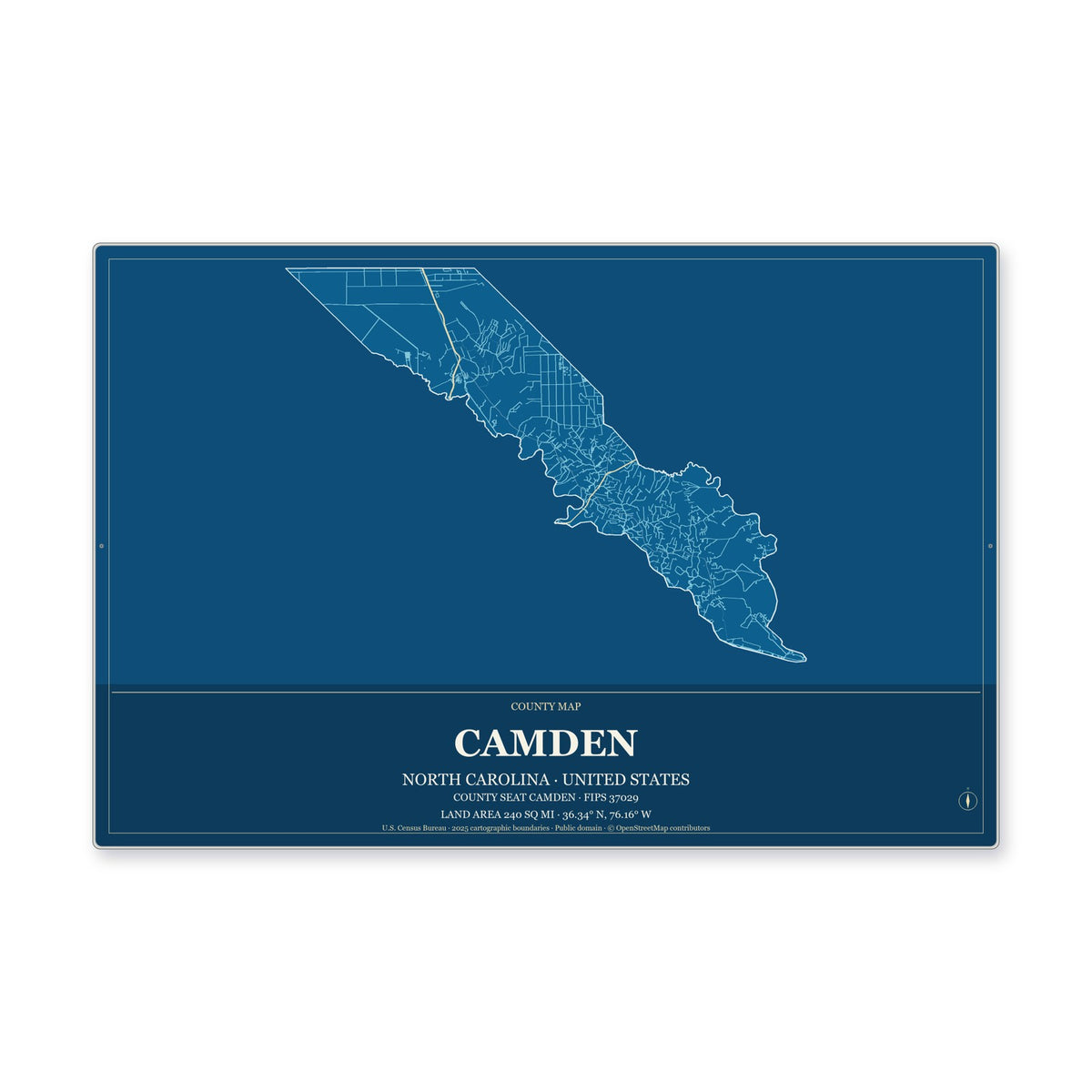 Camden County, North Carolina Map Aluminum Sign in Harbor Cobalt style