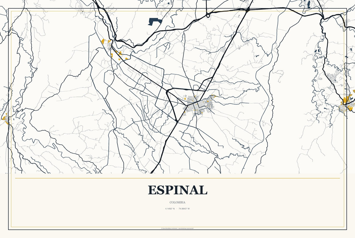 Espinal, Colombia City Map Aluminum Sign in Citrine Modern style
