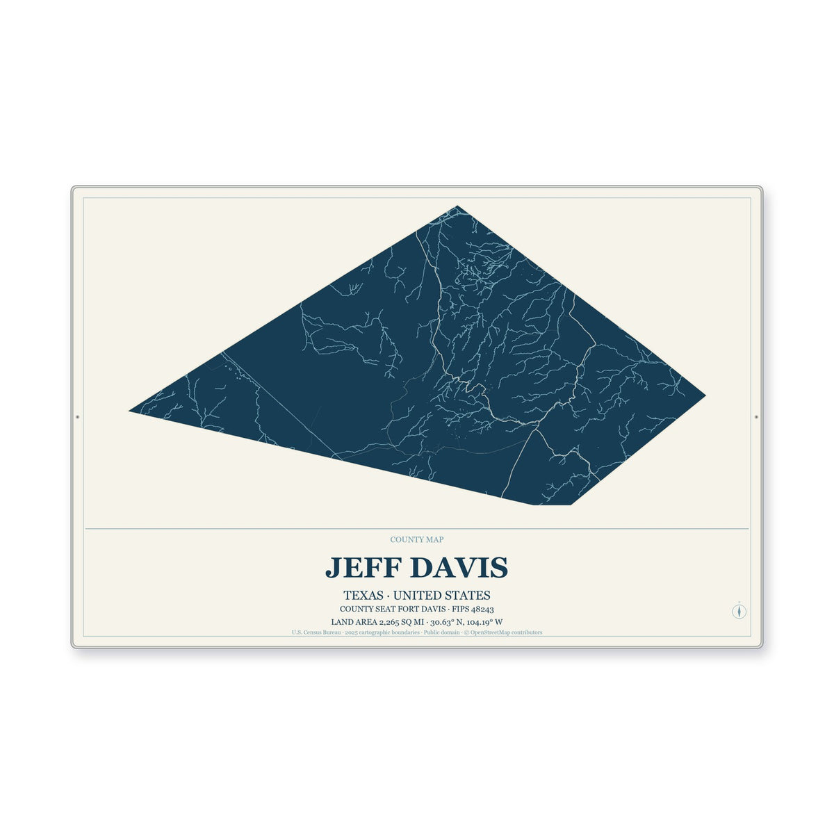 Jeff Davis County, Texas Map Aluminum Sign in Coastal Cutout style