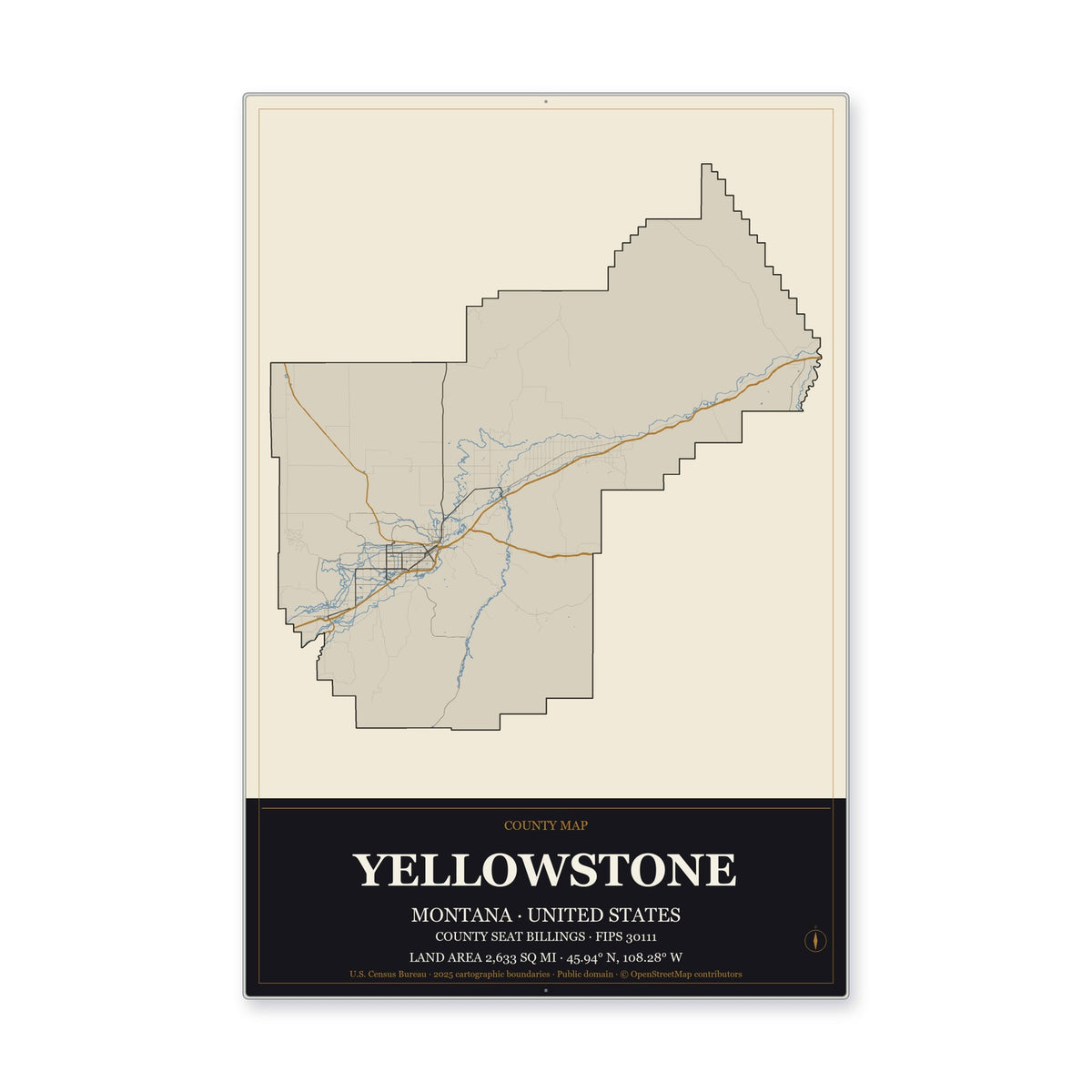 Yellowstone County, Montana Map Aluminum Sign in Museum Plaque style