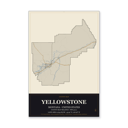 Yellowstone County, Montana Map Aluminum Sign in Museum Plaque style