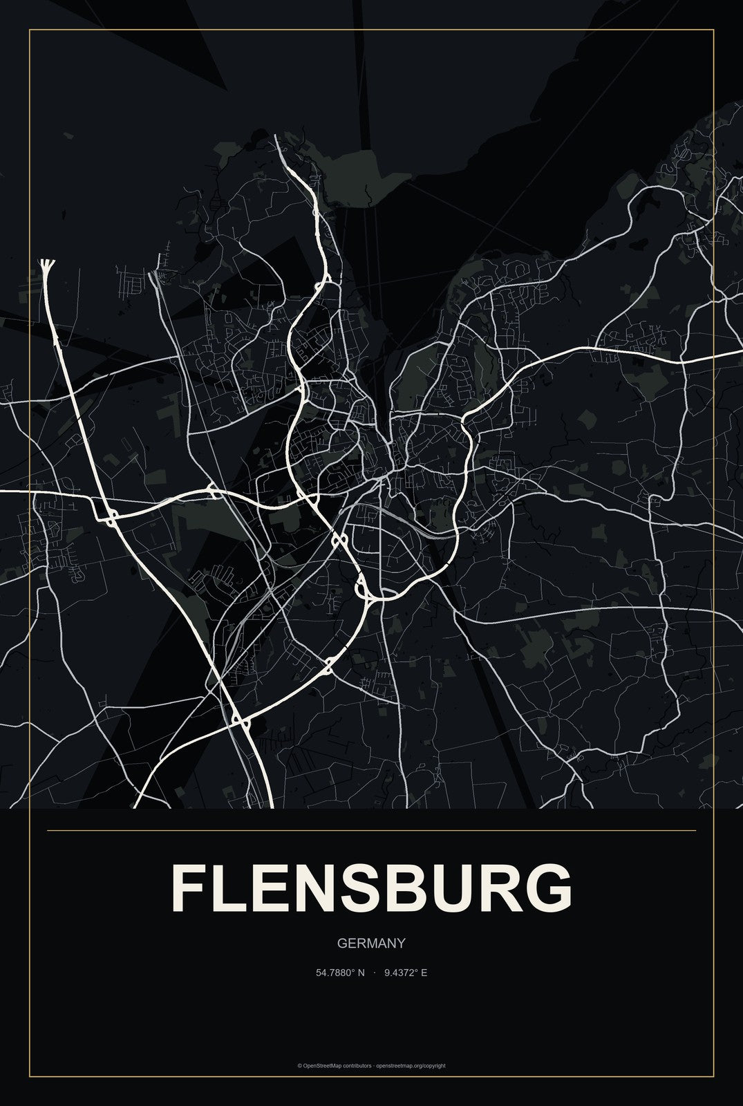 Flensburg, Germany City Map Aluminum Sign in Metropolitan Noir style