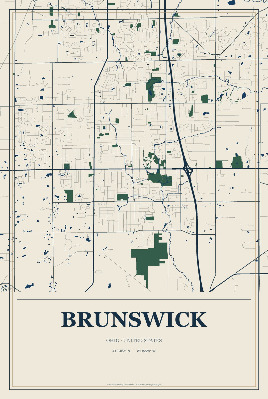 Brunswick, Ohio City Map Aluminum Sign in Coastal Cutout style