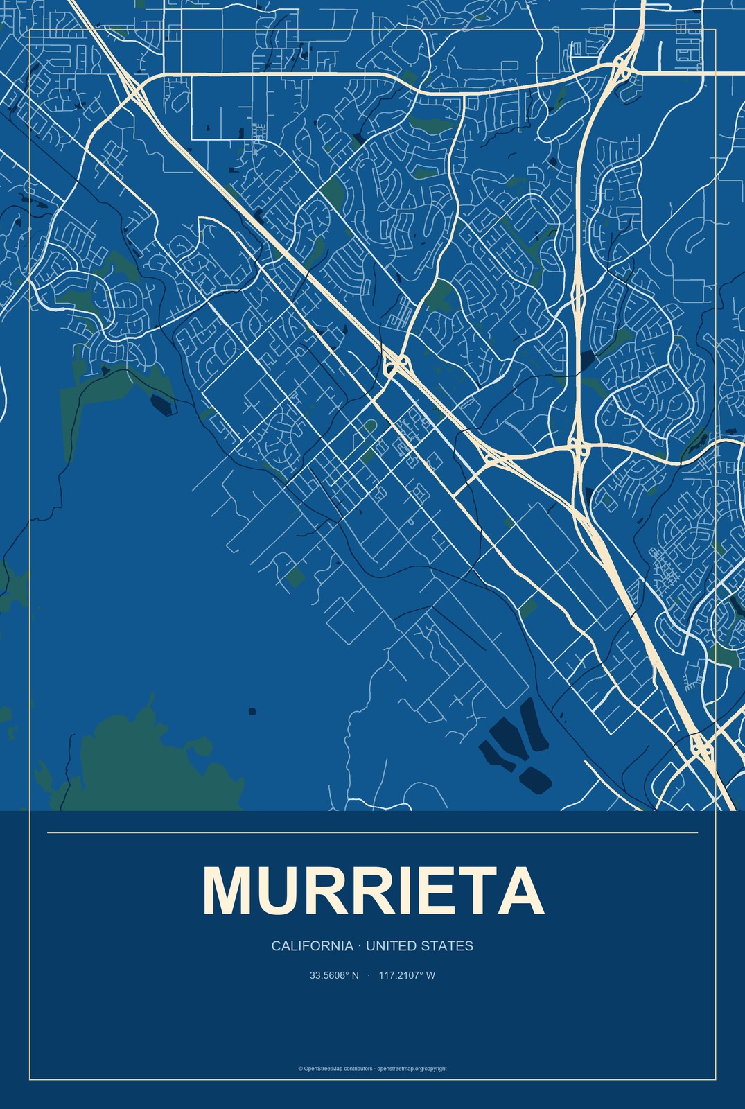 Murrieta, California City Map Aluminum Sign in Harbor Cobalt style