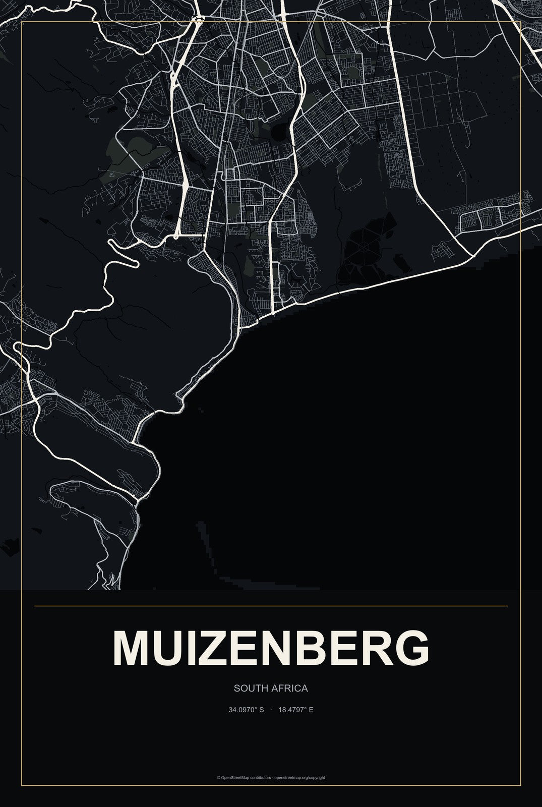 Muizenberg, South Africa City Map Aluminum Sign in Metropolitan Noir style
