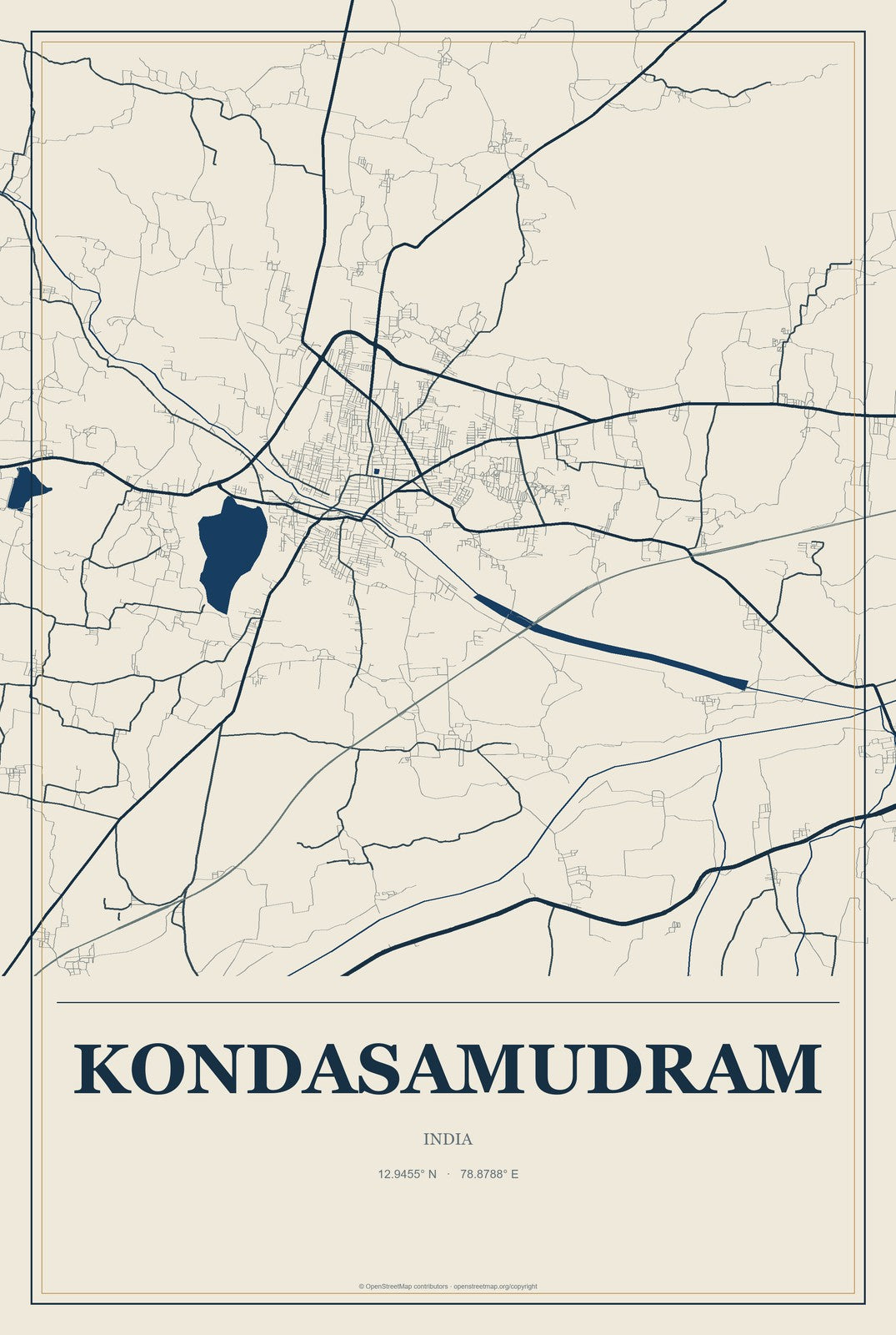 Kondasamudram, India City Map Aluminum Sign in Coastal Cutout style