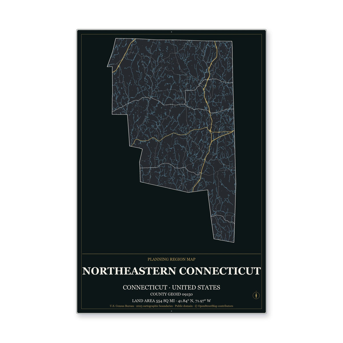 Northeastern Connecticut Planning Region, Connecticut Map Aluminum Sign in Metropolitan Noir style