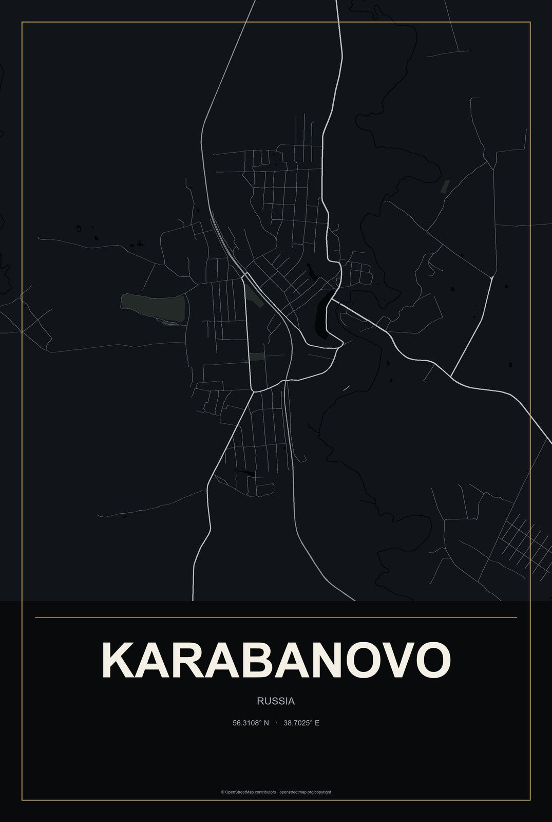 Karabanovo, Russia City Map Aluminum Sign in Metropolitan Noir style