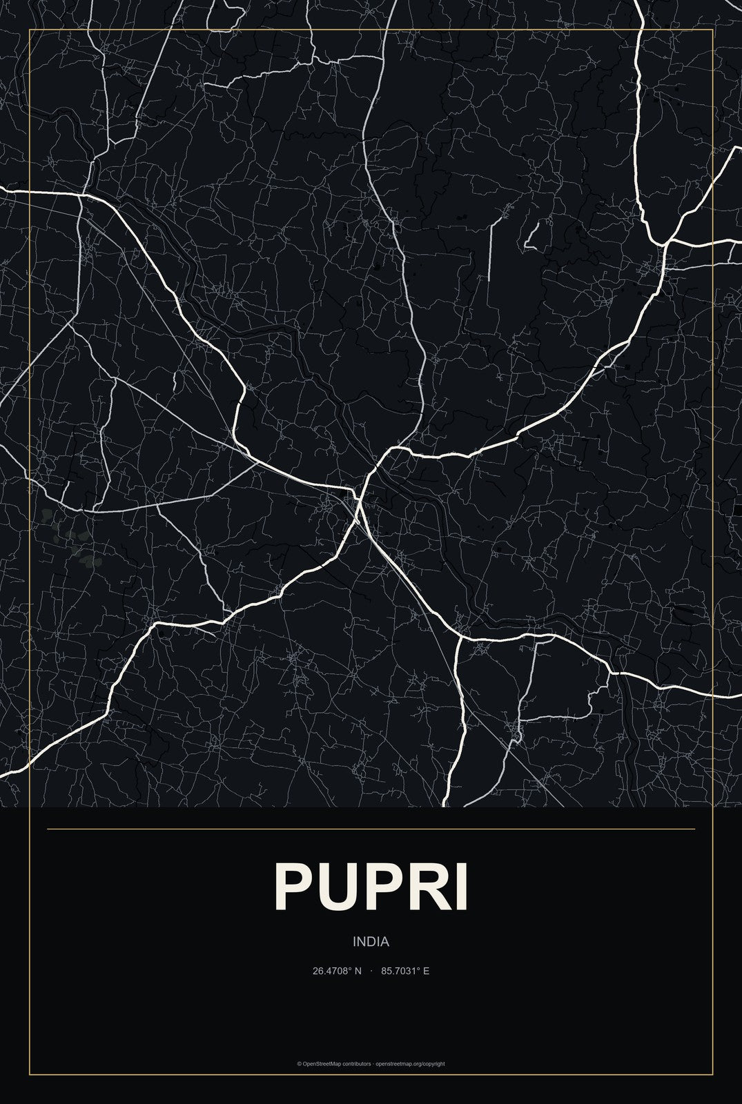Pupri, India City Map Aluminum Sign in Metropolitan Noir style