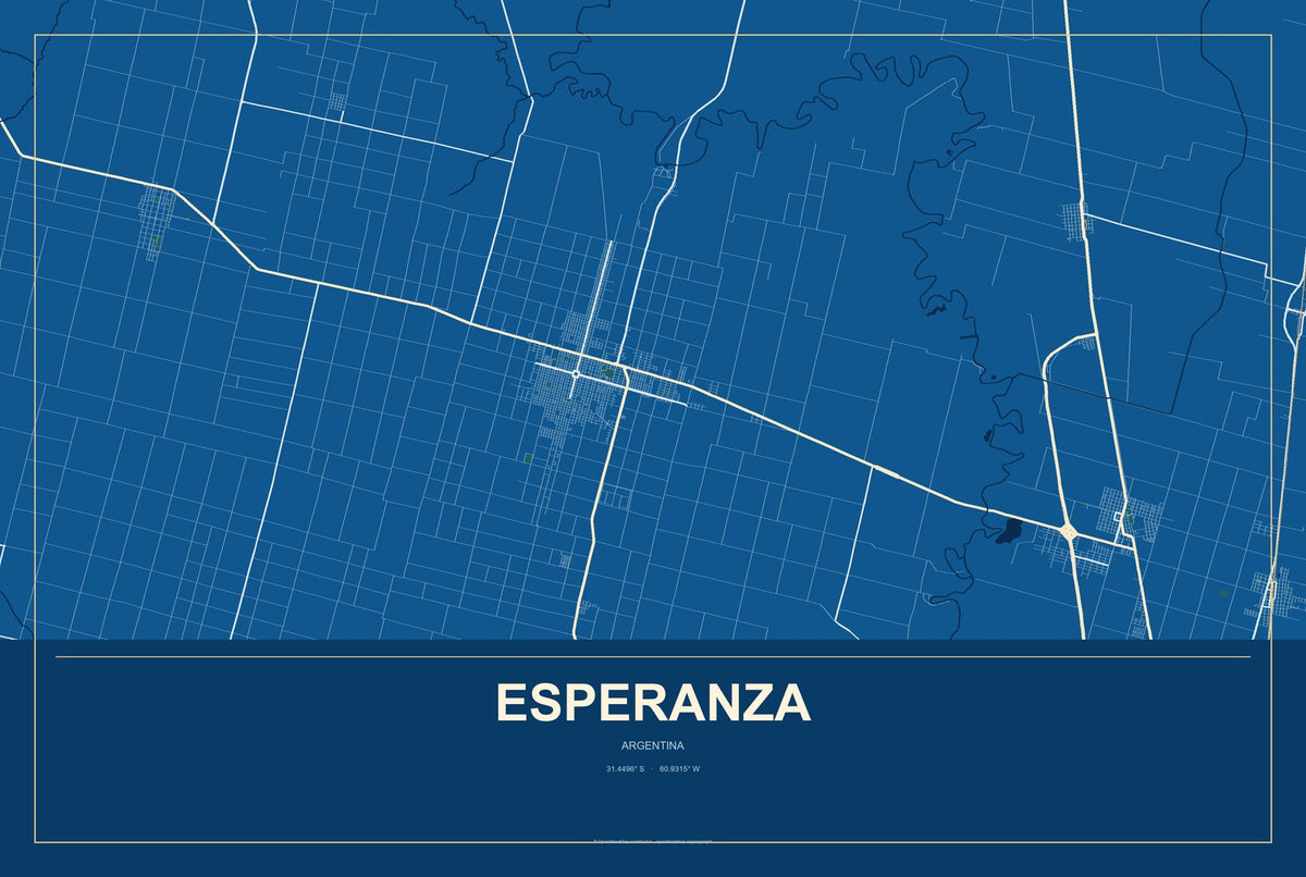 Esperanza, Argentina City Map Aluminum Sign in Harbor Cobalt style