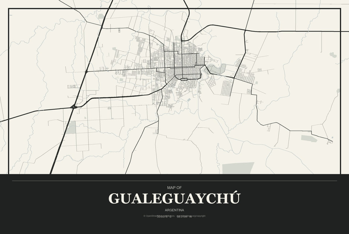 Gualeguaychú, Argentina City Map Aluminum Sign in Museum Plaque style