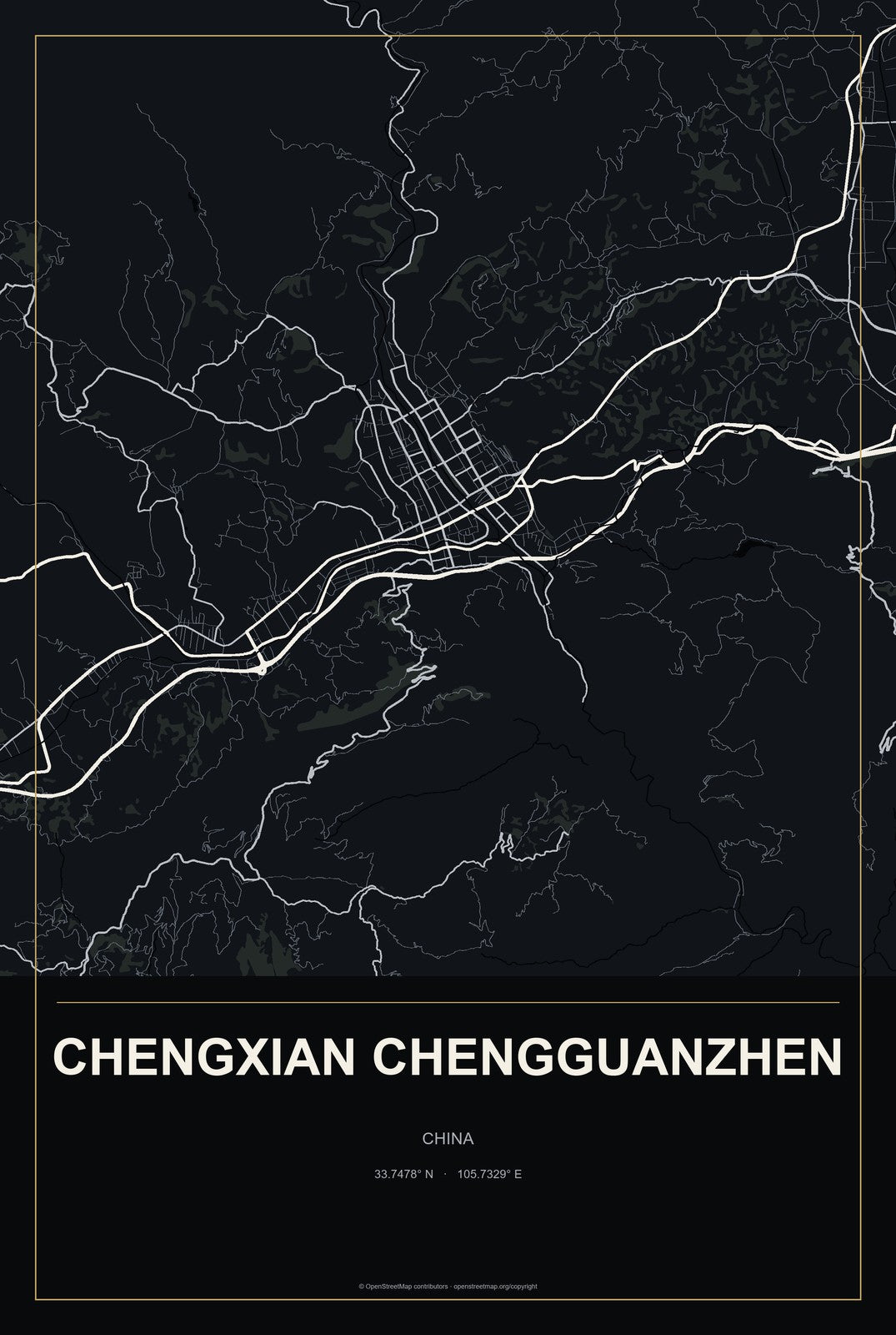Chengxian Chengguanzhen, China City Map Aluminum Sign in Metropolitan Noir style