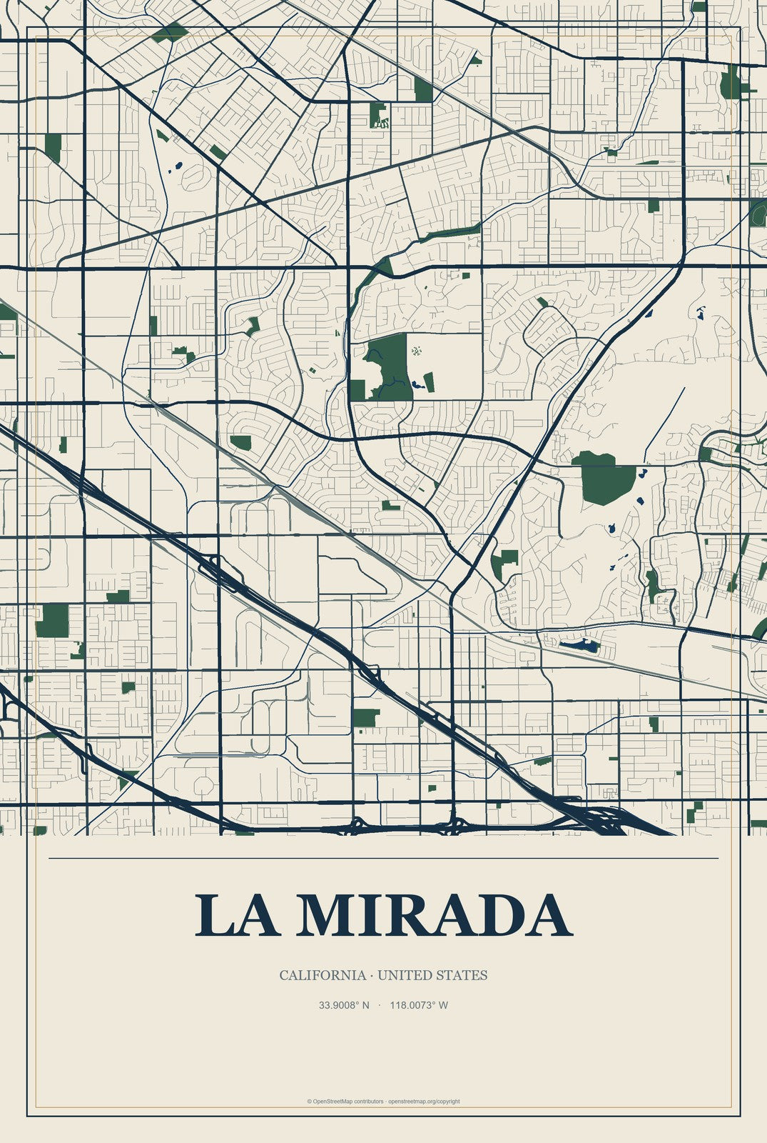 La Mirada, California City Map Aluminum Sign in Coastal Cutout style