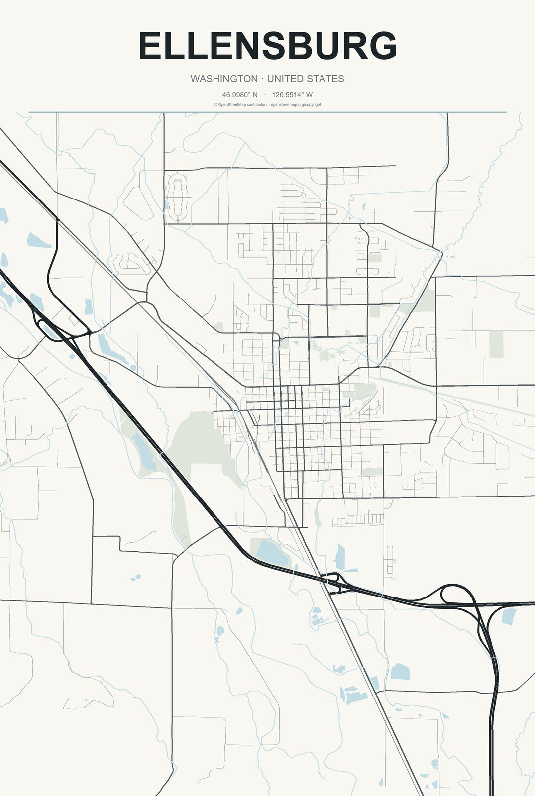 Ellensburg, Washington City Map Aluminum Sign in Headline Atlas style