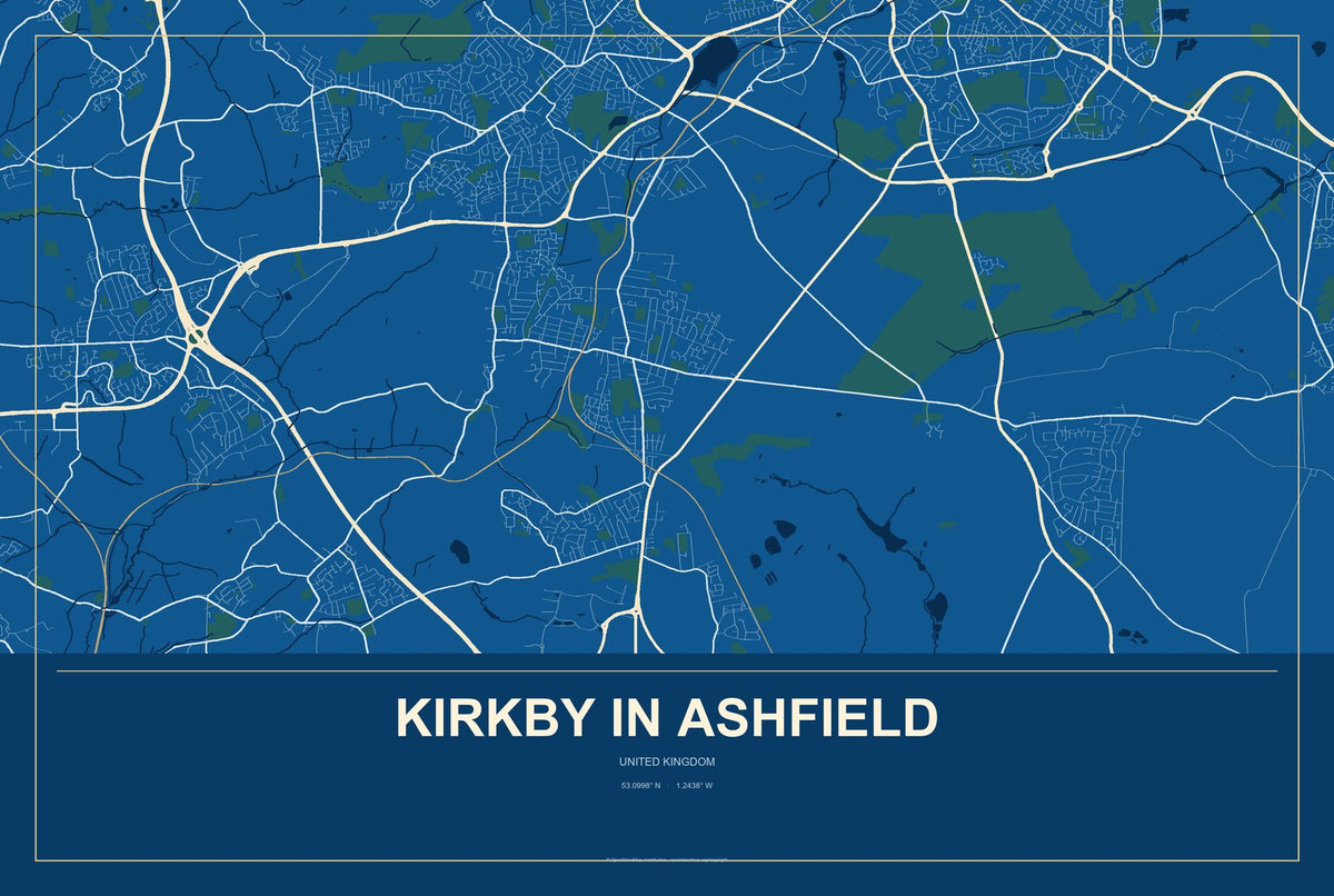 Kirkby in Ashfield, United Kingdom City Map Aluminum Sign in Harbor Cobalt style
