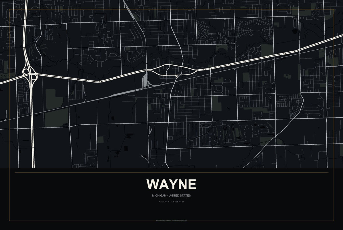Wayne, Michigan City Map Aluminum Sign in Metropolitan Noir style