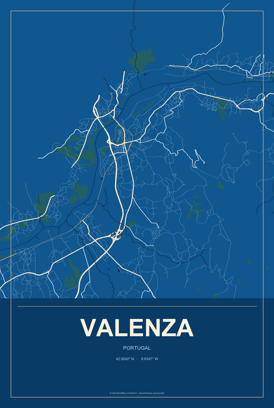 Valenza, Portugal City Map Aluminum Sign in Harbor Cobalt style