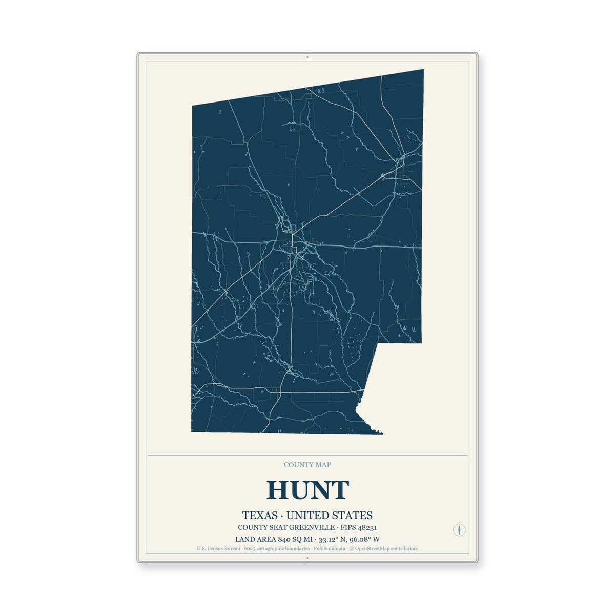 Hunt County, Texas Map Aluminum Sign in Coastal Cutout style