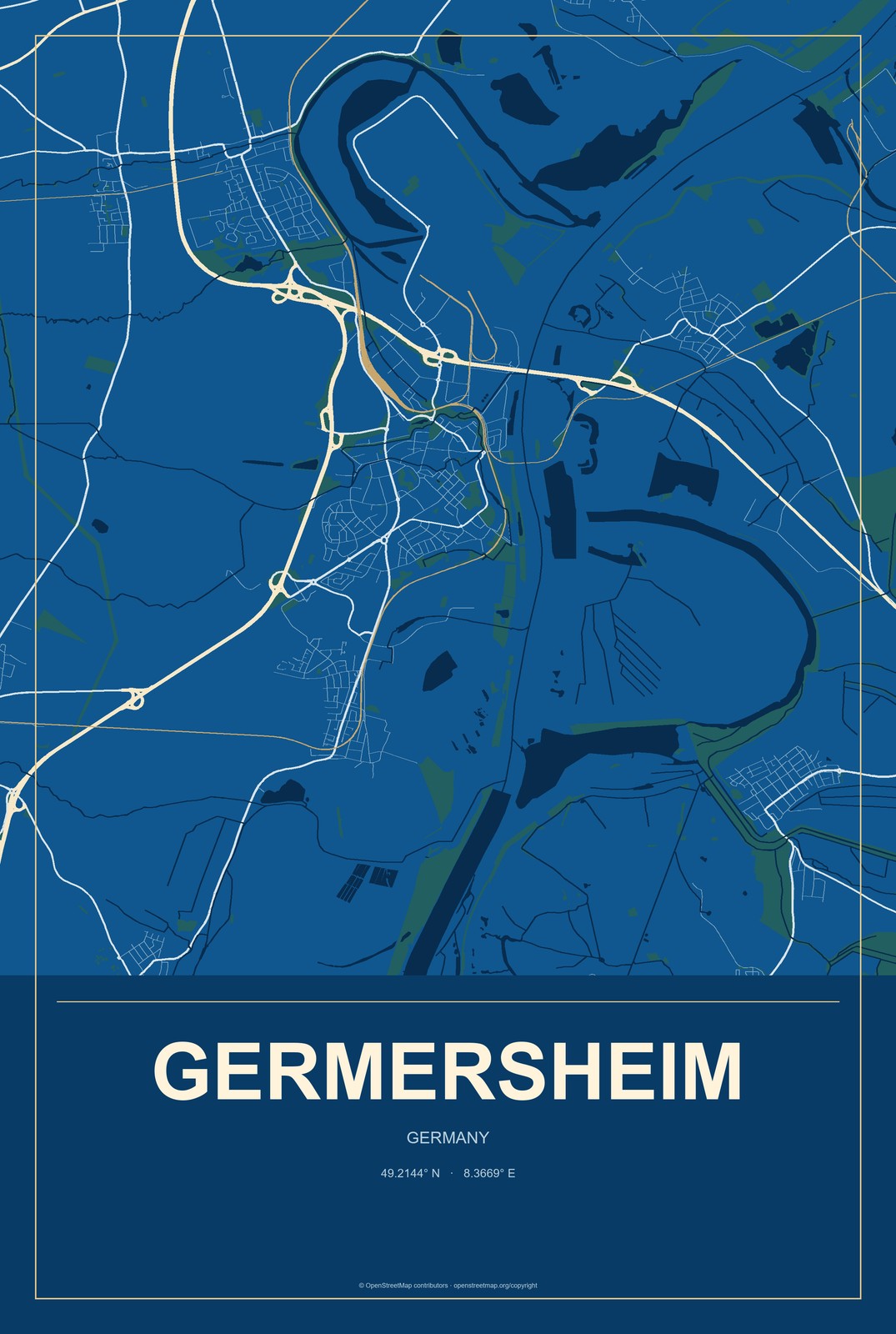 Germersheim, Germany City Map Aluminum Sign in Harbor Cobalt style