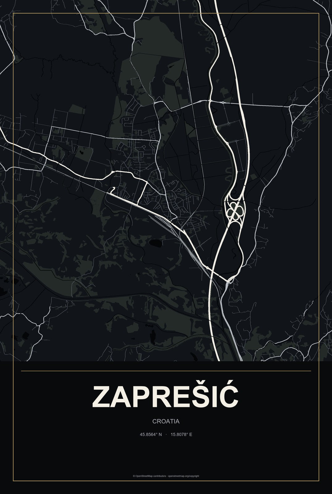 Zaprešić, Croatia City Map Aluminum Sign in Metropolitan Noir style