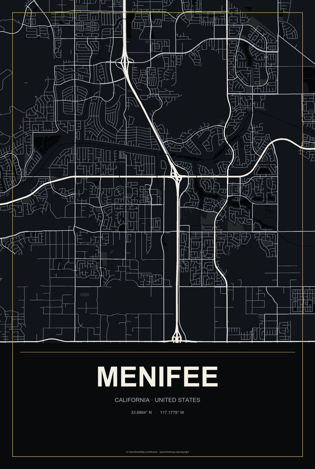 Menifee, California City Map Aluminum Sign in Metropolitan Noir style