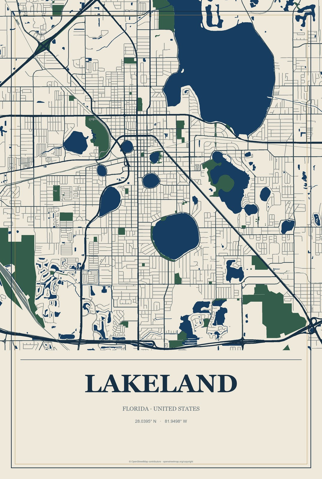 Lakeland, Florida City Map Aluminum Sign in Coastal Cutout style