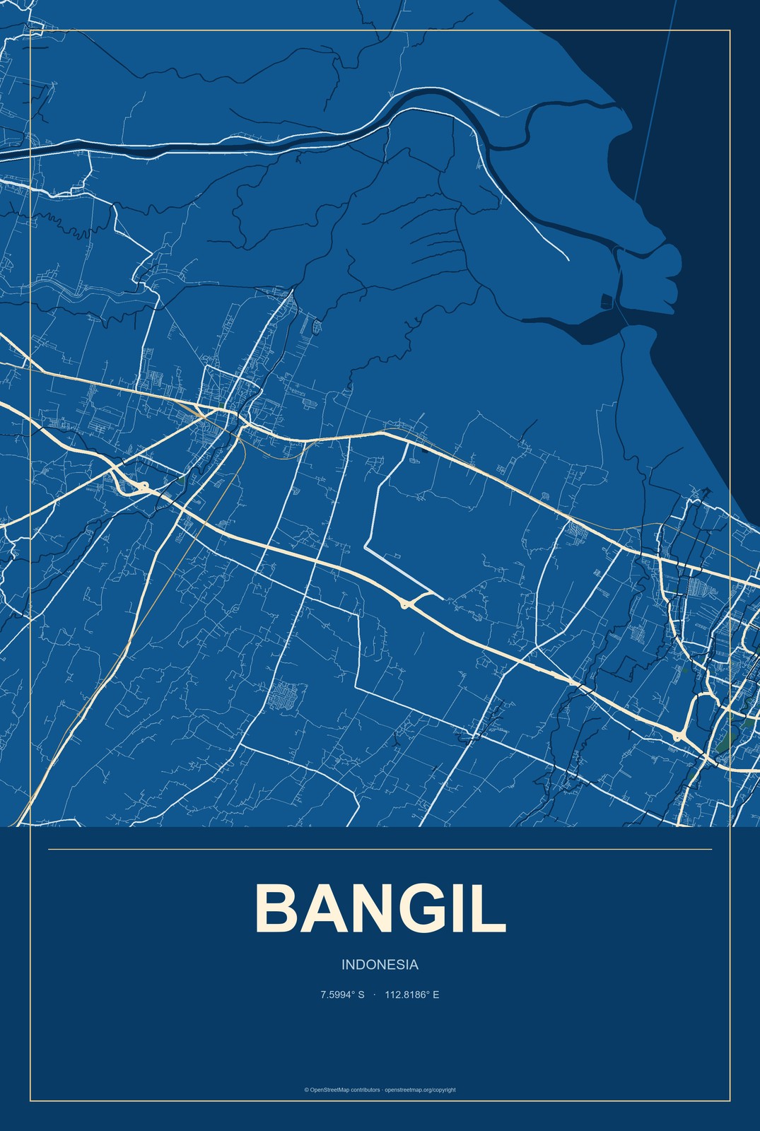 Bangil, Indonesia City Map Aluminum Sign in Harbor Cobalt style