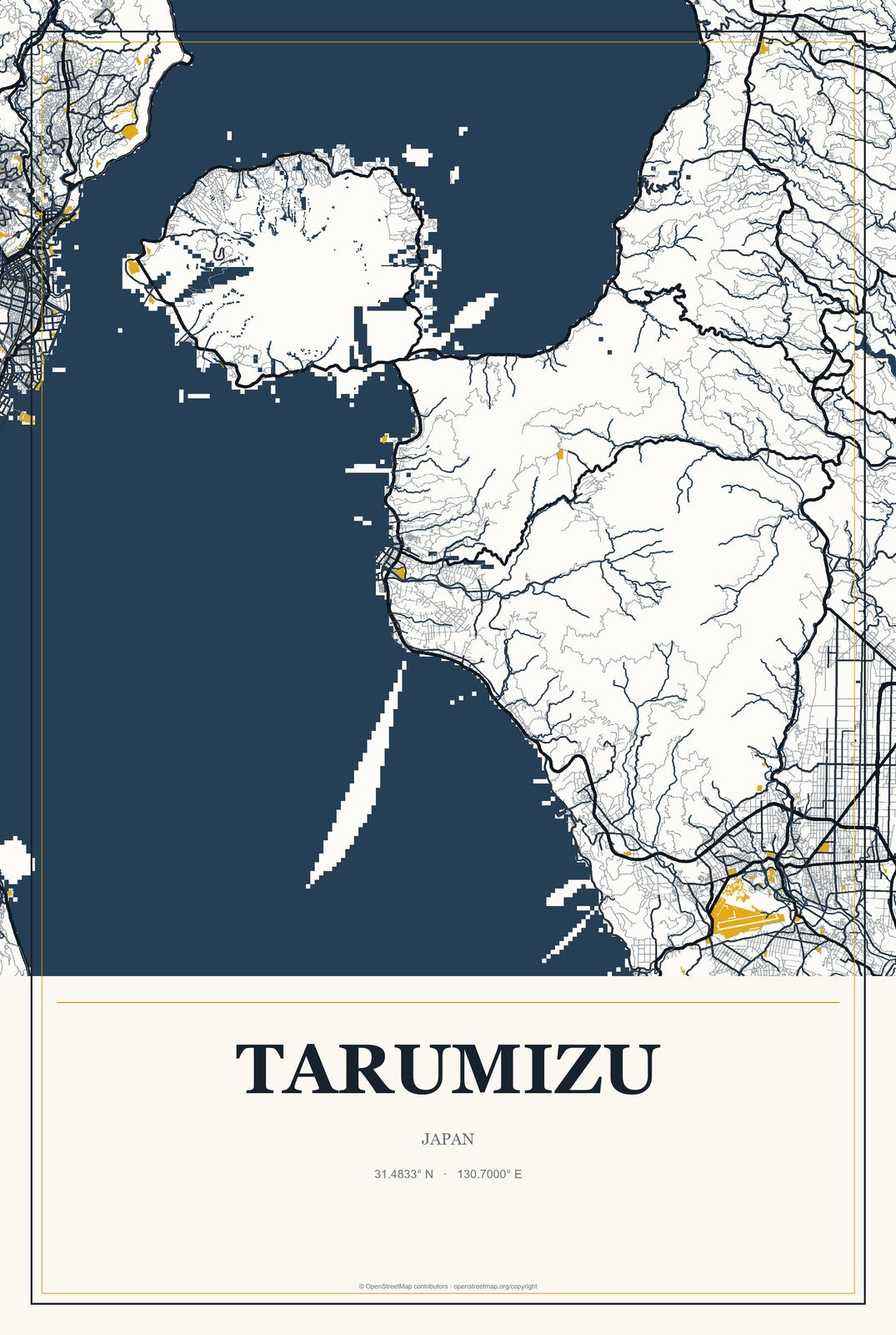 Tarumizu, Japan City Map Aluminum Sign in Citrine Modern style