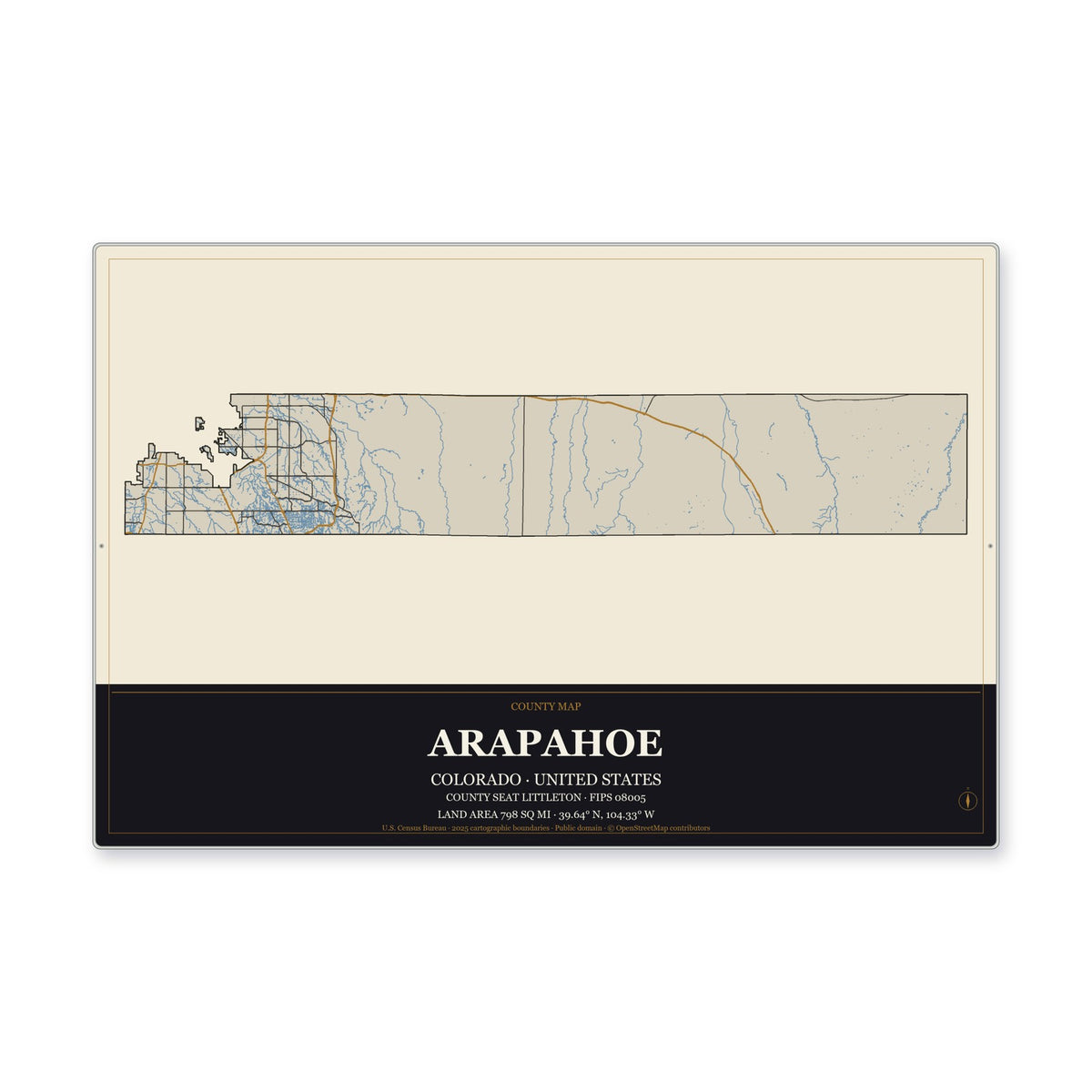 Arapahoe County, Colorado Map Aluminum Sign in Museum Plaque style