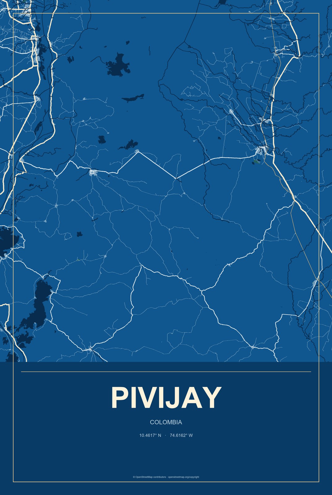 Pivijay, Colombia City Map Aluminum Sign in Harbor Cobalt style