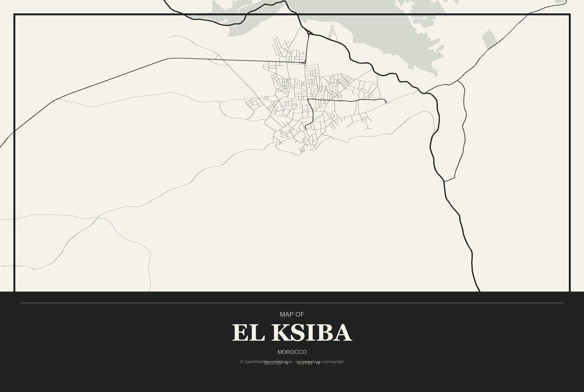 El Ksiba, Morocco City Map Aluminum Sign in Museum Plaque style