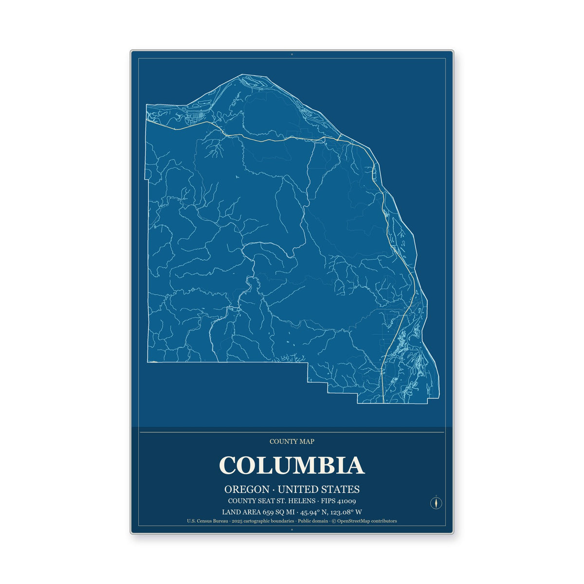 Columbia County, Oregon Map Aluminum Sign in Harbor Cobalt style