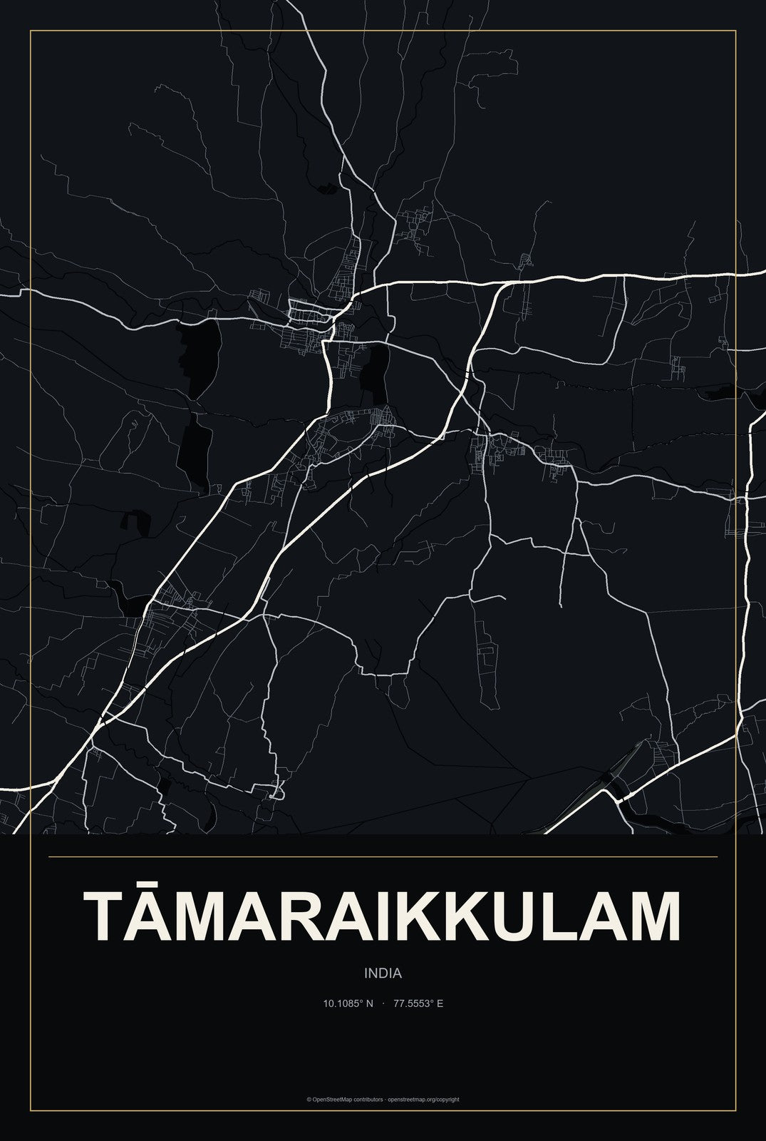 Tāmaraikkulam, India City Map Aluminum Sign in Metropolitan Noir style