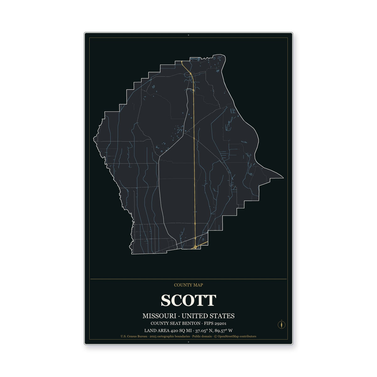 Scott County, Missouri Map Aluminum Sign in Metropolitan Noir style