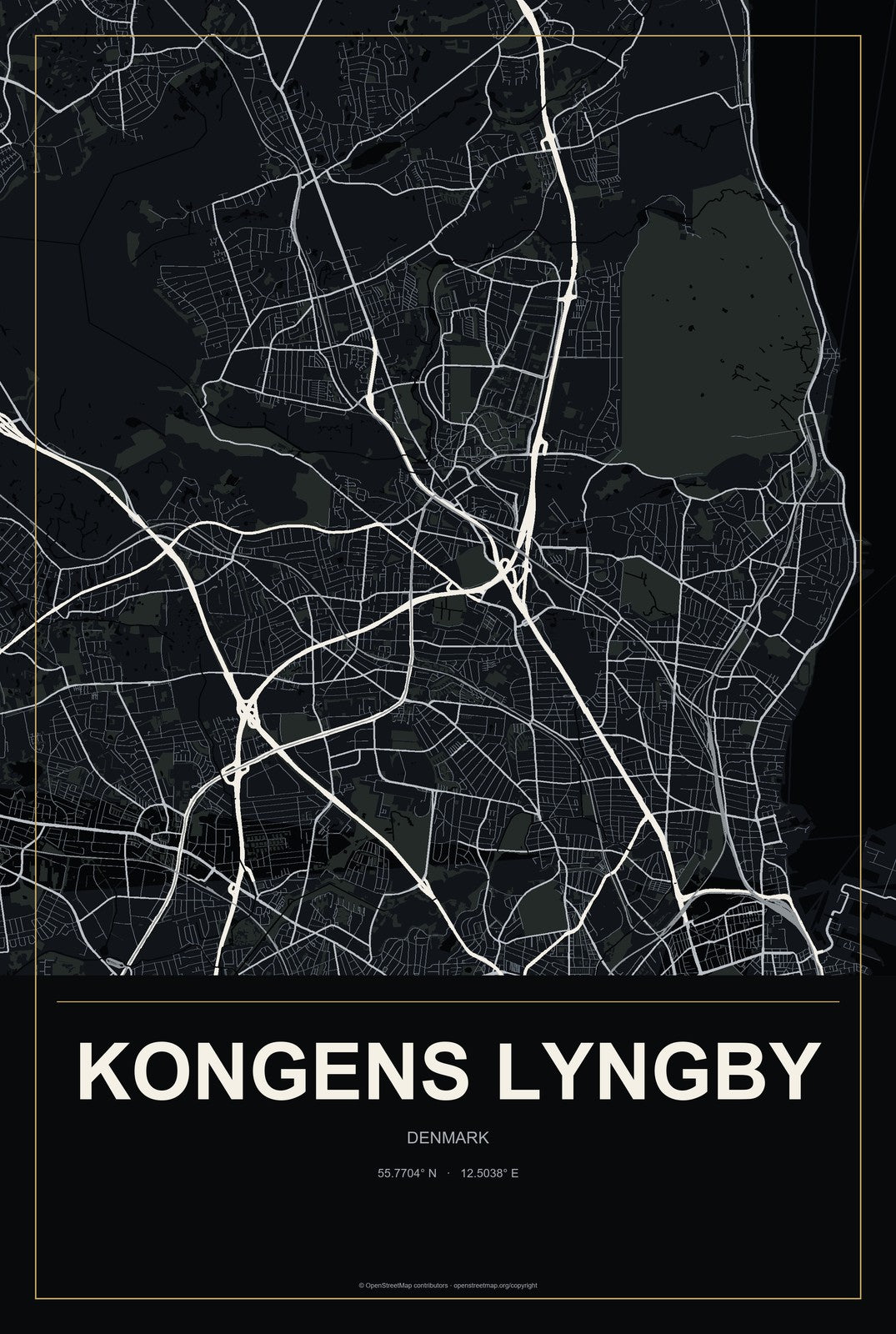 Kongens Lyngby, Denmark City Map Aluminum Sign in Metropolitan Noir style
