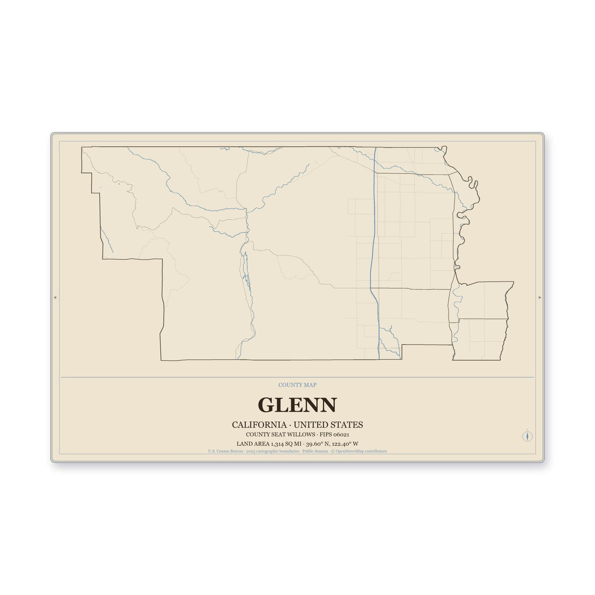Glenn County, California Map Aluminum Sign in Heritage Nautical style