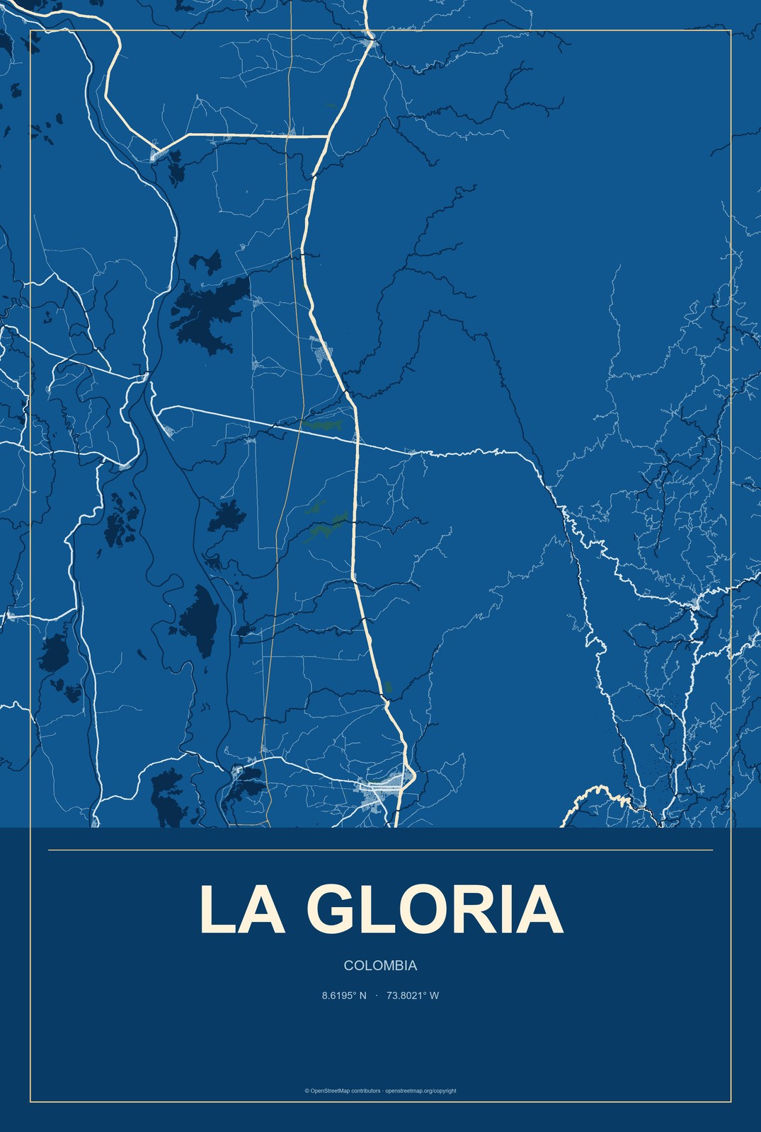 La Gloria, Colombia City Map Aluminum Sign in Harbor Cobalt style