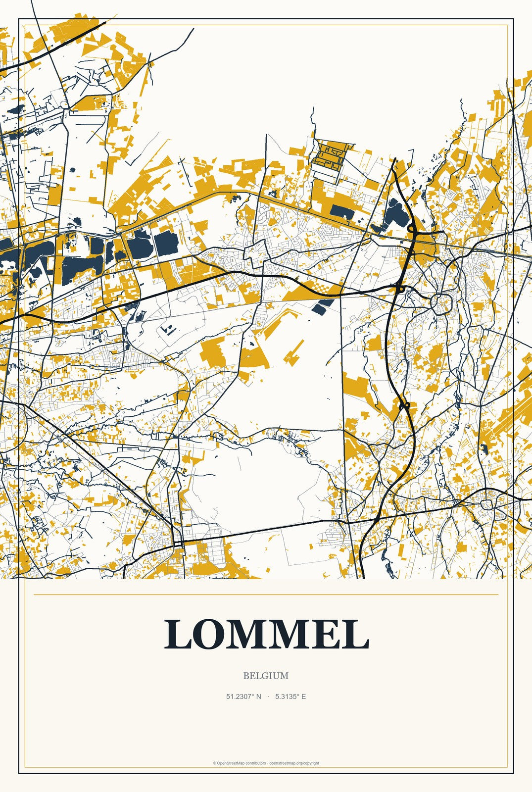 Lommel, Belgium City Map Aluminum Sign in Citrine Modern style