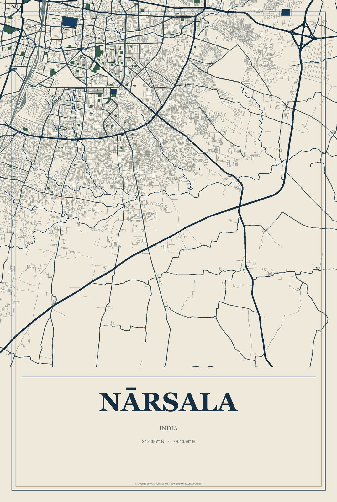 Nārsala, India City Map Aluminum Sign in Coastal Cutout style