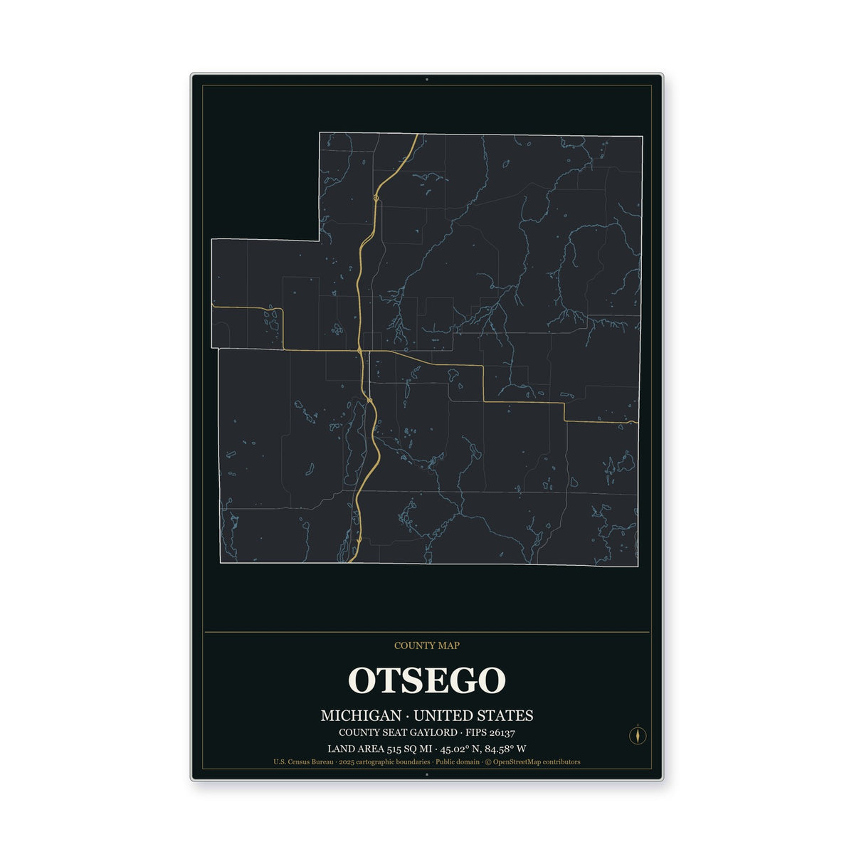 Otsego County, Michigan Map Aluminum Sign in Metropolitan Noir style