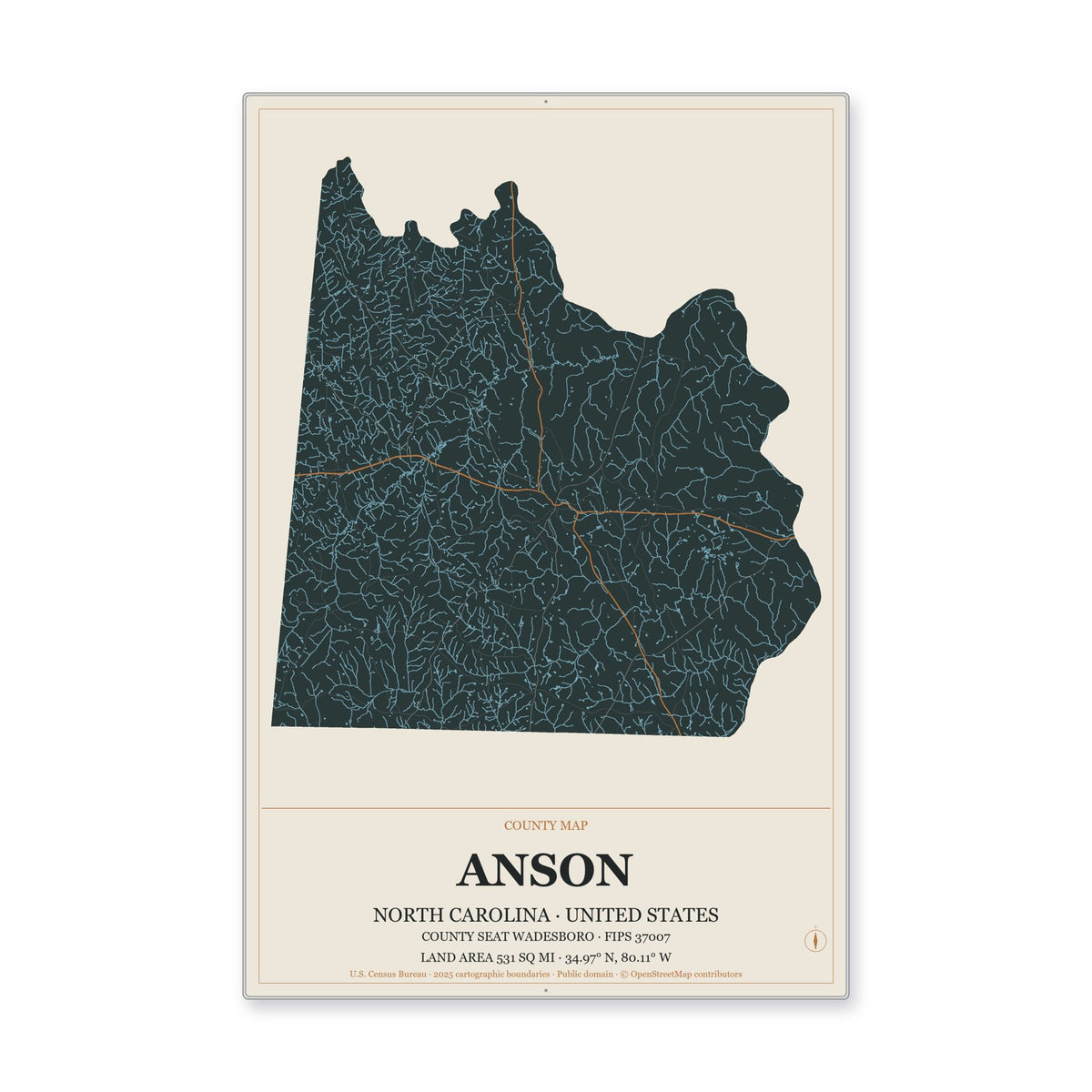Anson County, North Carolina Map Aluminum Sign in Headline Atlas style