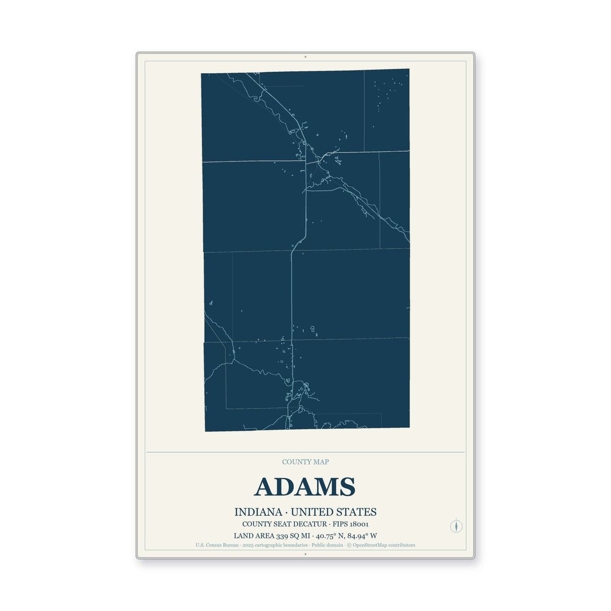 Adams County, Indiana Map Aluminum Sign in Coastal Cutout style