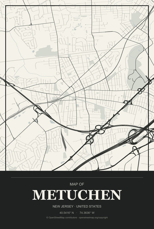 Metuchen, New Jersey City Map Aluminum Sign in Museum Plaque style