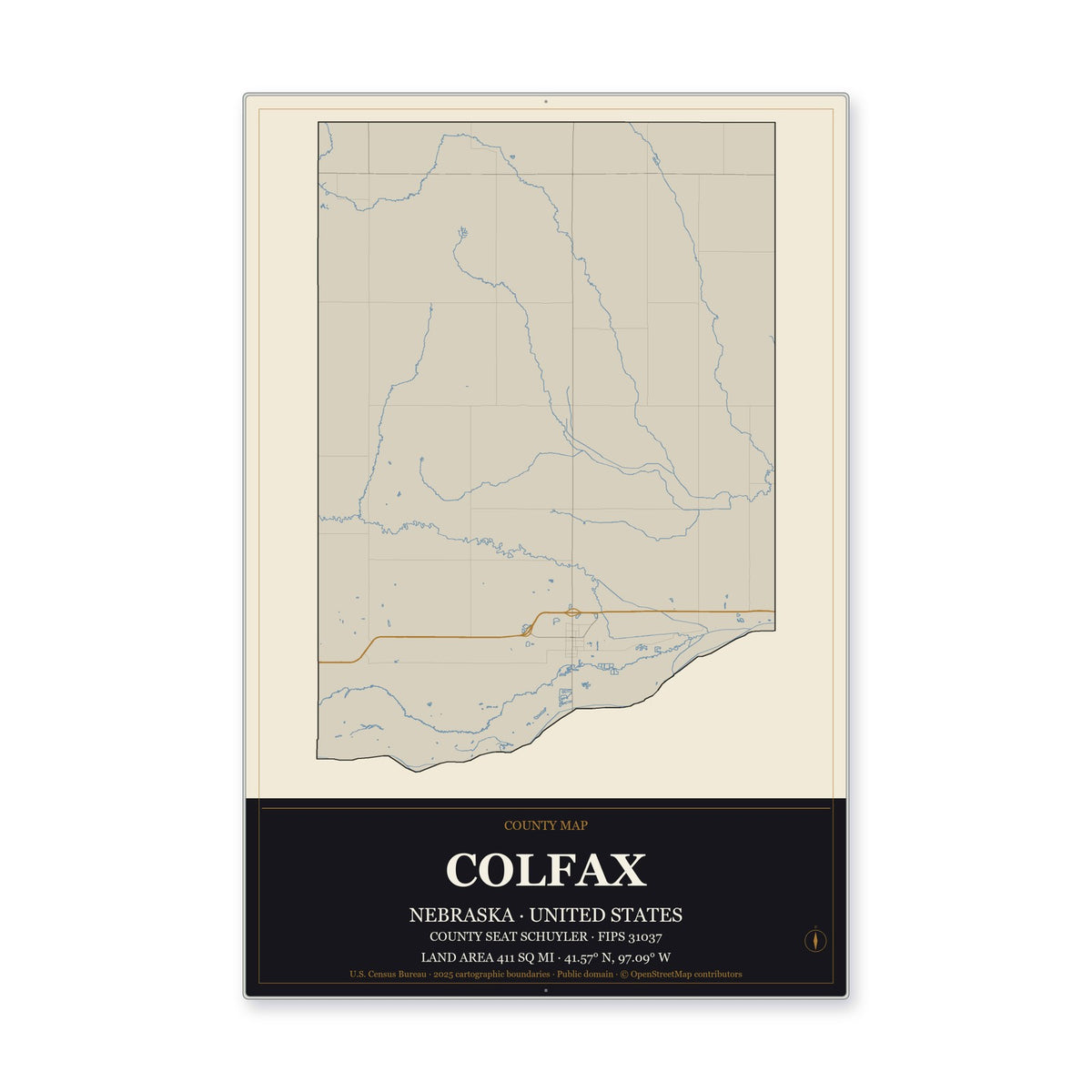 Colfax County, Nebraska Map Aluminum Sign in Museum Plaque style