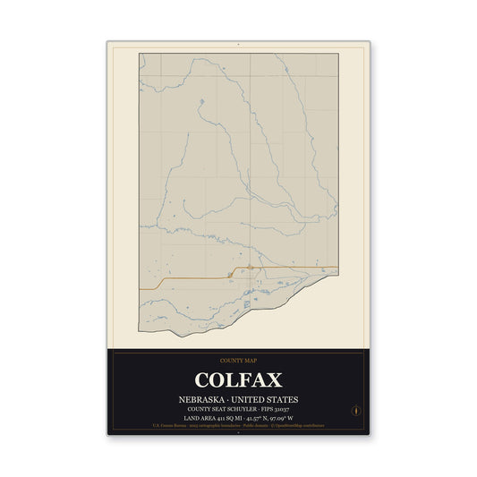 Colfax County, Nebraska Map Aluminum Sign in Museum Plaque style
