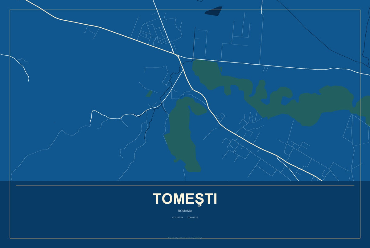Tomeşti, Romania City Map Aluminum Sign in Harbor Cobalt style